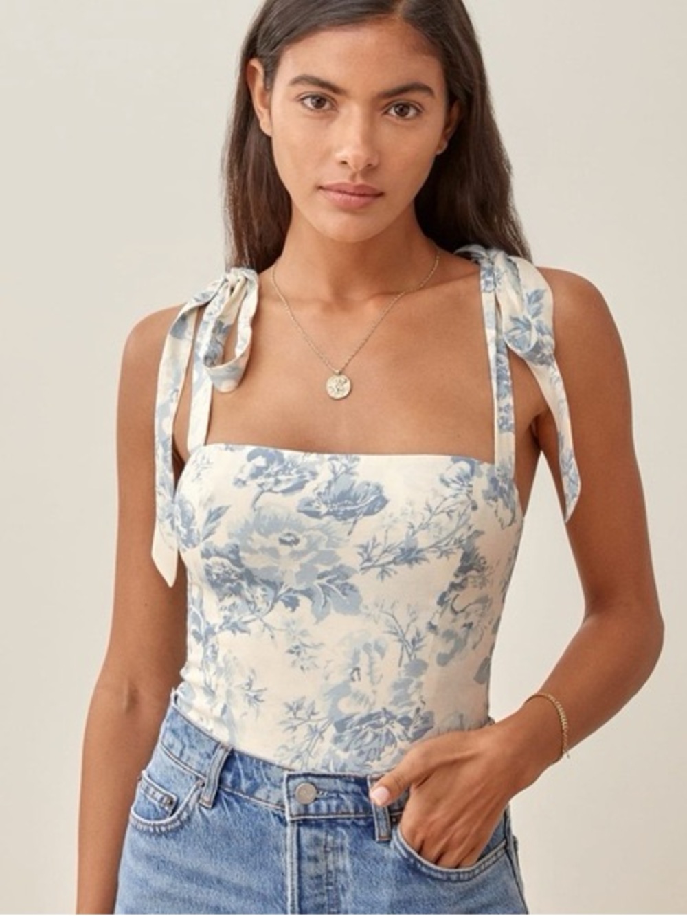 Reformation Ellora Top Grazia Blue Floral Tie Strap Smocked Corset Size 6